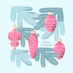 Set of Christmas tree decorations in shape of pine cone, icicle and ball on fir branches. Stylish Christmas greeting postcard in soft pink and blue colors.