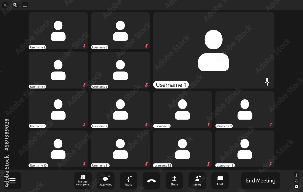 Aufkleber ui ux template for laptop, desktop and phone. video meeting ui for 13 users. modern style with new b