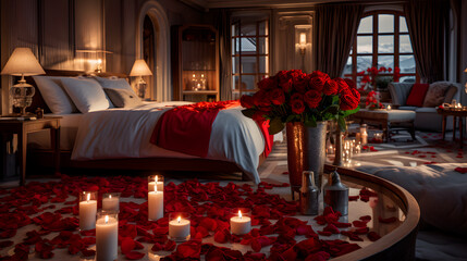 Stylish hotel room full of big beautiful bouqets of red rose flowers