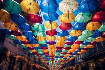 Fototapeta premium Vibrant display of suspended umbrellas creating a colorful canopy over a city street, a festive and joyful urban installation.
