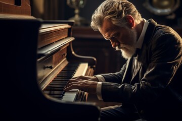 Elderly man playing piano in a dimly lit room, an image resonating with the themes of nostalgia, passion for music, and the timeless beauty of the arts.