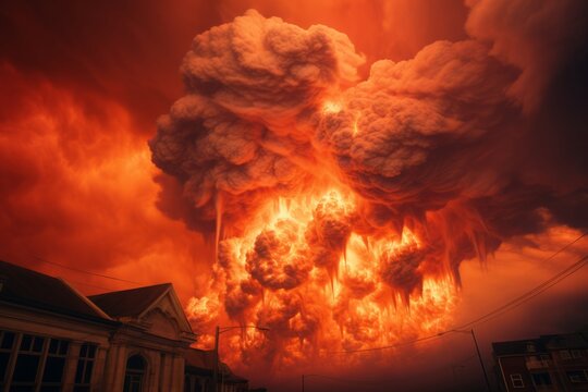 Apocalyptic vision of a fiery cloud engulfing a town, a stirring concept depicting disaster, urgency, and the raw power of nature.