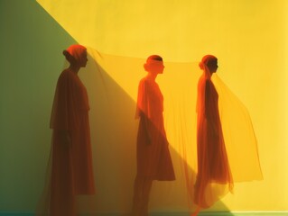 Three women walk through misty colorful waves