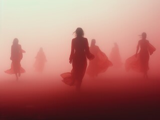 Silhouettes of women in red color gracefully walking in fog. Mystical 