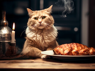 round fluffy cat eating having dinner with fried poultry and other dish.fat kitty with serious face, luxury kitchen.generative ai