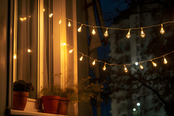 front porch of house with lights, cozy evening lights