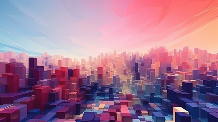 Abstract technology background. Scatter topographic landscape based on colorful cubes. Abstract low poly city with blue and pink buildings.  - obrazy, fototapety, plakaty