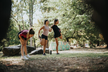Fit girls doing pre-workout exercises in a city park, enjoying outdoor training on a sunny day.