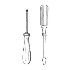 Hand-drawn illustration of a screwdriver digitized in white on a transparent background