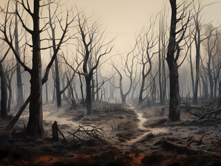 dark forest covered with ash,pollution in nature concept.coniferous trees or with no leaves generative ai