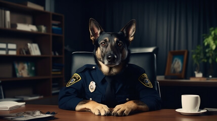 German shepherd in police uniform sitting in office