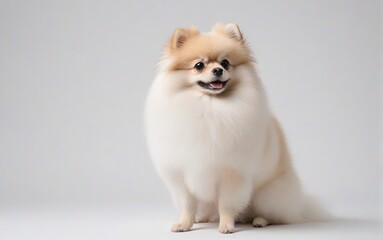 Fototapeta premium Perro de raza Pomerania, sentado, mirando a la derecha, sobre fondo blanco 