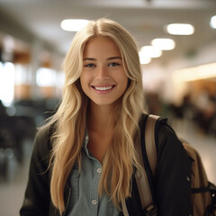 Obraz premium Cheerful blond teen, friendly high school student with backpack, standing in college library, portrait, 4K clarity, vibrant ambiance, realistic academic background