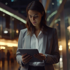 Fototapeta premium Caucasian business woman, project leader, multitasking with tablet, fast-paced office walk, smart suit, engaged entrepreneur, 4K quality, dynamic lighting, crisp imagery, contemporary workplace