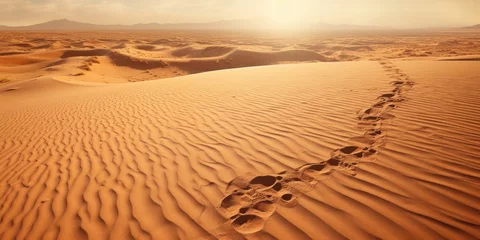  Footsteps meandering across rippled sand beneath the blazing sun. © Kanisorn