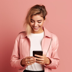 Fototapeta premium Young adult, smiling woman, holding mobile phone, engaging with smartphone, typing message, ecommerce shopping, app usage, cellphone interaction, isolated on pink background, 4K resolution, vibrant 