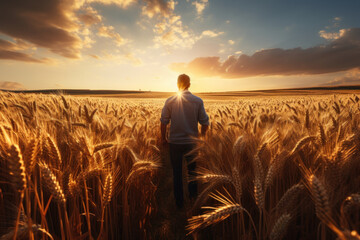 A wheat farmer inspecting the golden fields before the harvest. Concept of grain production and agricultural stewardship. Generative Ai. - obrazy, fototapety, plakaty