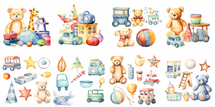 Cute toys clipart set for preschool kids isolated on a white background plush bear, baby rattles for children playing and education ]
