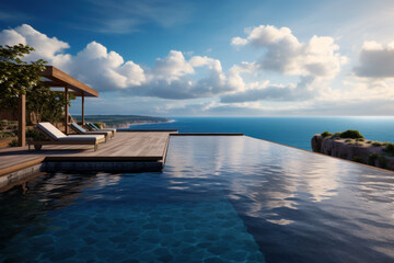An infinity pool perched on a cliff with breathtaking ocean views. Concept of luxury and relaxation. Generative Ai.