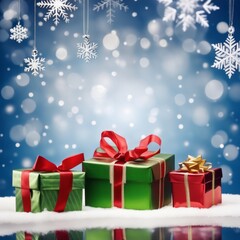 Fototapeta premium Christmas Gifts box on a snowy background, A bokeh background effect.