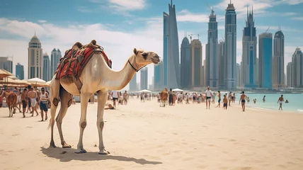 Foto op Plexiglas View on Dubai Marina, camels and famous Jumeirah beach in Dubai, United Arab Emirates © Artofinnovation