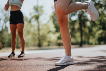 Fit and active women enjoy a sunny day in the park, jogging, training, and staying fit.