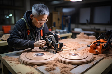 Industry wood turners measure and calculate right size of workpiece dimension using hand and factory power tools, Cut, shape, rotate, smooth, balance fixtures based on measurements and requirements