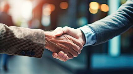 Sunny day, handshake outdoors signifies agreement. - obrazy, fototapety, plakaty