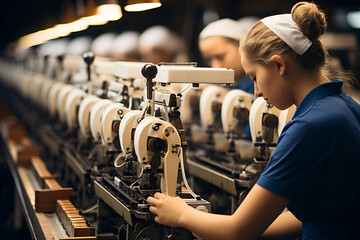 Textile factory weaving, weaving a fabric
 - obrazy, fototapety, plakaty