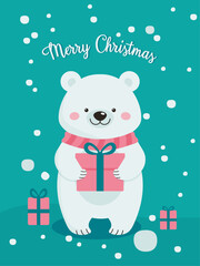 Merry Christmas postcard. White polar bear with a gift. Rose scarf. Cute cartoon funny baby character. Happy New Year. Flat design. 