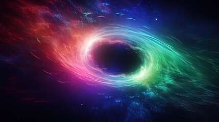 Obraz premium Flying into a black hole with bright bursts of light: blue, green and pink