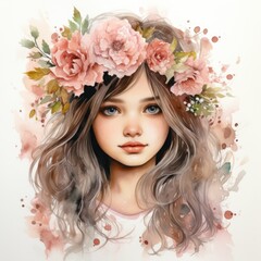 Naklejka premium Portrait of a beautiful girl with flowers in her hair .Watercolor illustration