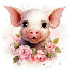 Portrait of cute little pig with flowers. Watercolor cartoon illustration