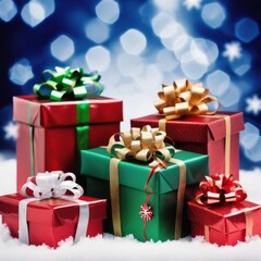 Obraz premium Christmas Gifts box on a snowy background, A bokeh background effect.