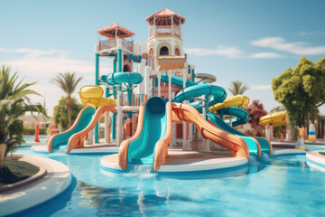 Fototapeta na wymiar A children's pool with colorful water slides and fountains. Concept of family-friendly fun. Generative Ai.