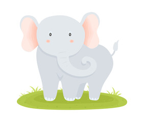 Small cute elephant stands on green grass or meadow. Lovely cute baby elephant in flat style. Cartoon elephant for baby t-shirt print, fashion, kids wear, celebration greeting, invitation card. Vector