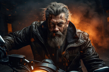 Obraz premium A rugged tough guy with a scruffy beard and a leather jacket, revving the engine of his motorcycle. Concept of biker rebellion. Generative Ai.
