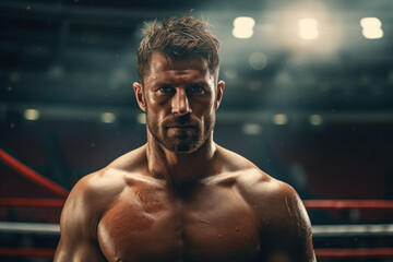 Fototapeta na wymiar A stoic tough guy in a boxing ring, preparing for a championship match. Concept of boxing and determination. Generative Ai.