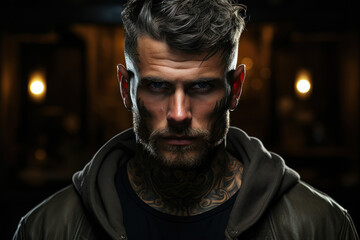A tattooed tough guy with a piercing gaze, exuding an air of mystery. Concept of an enigmatic...