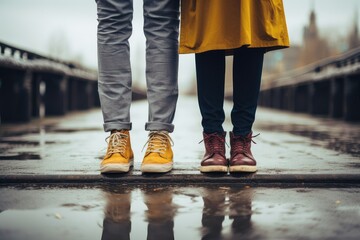 Close up of couple legs in yellow raincoat and sneakers on bridge, Street fashion concept, a man and woman feet wearing modern stylish sneakers standing in the puddle - obrazy, fototapety, plakaty