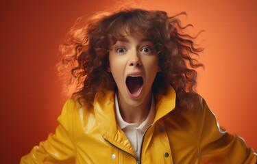 Astonished woman with windswept curly hair in a yellow raincoat against a warm orange background.