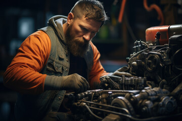 Fototapeta na wymiar A tough guy mechanic covered in grease, fixing a car engine with skill. Concept of automotive expertise. Generative Ai.