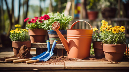 Gardening tools for plants and flowers outdoor in spring 