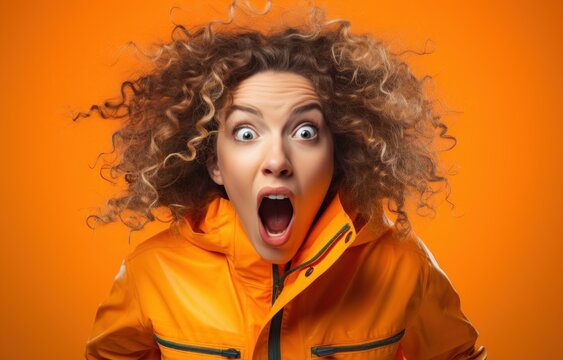 Surprised young woman with curly hair in an orange jacket, wide-eyed and open-mouthed, against an orange backdrop.
