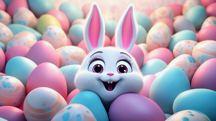 head of a female Easter bunny looks out of a mountain of Easter eggs