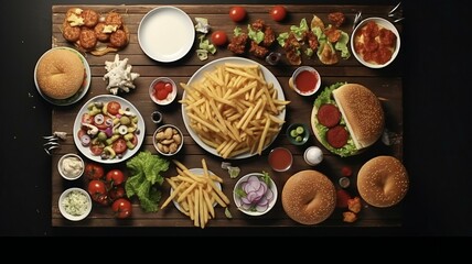 a platter of fast food with fries, chicken, and other items