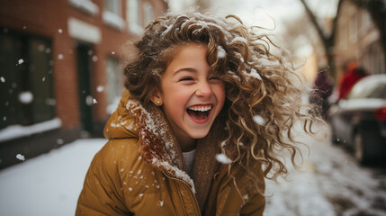 Small girl enjoys snow in city laughing merrily as looking at snowflakes falling down. Child with long gorgeous curly hair runs on nature in jacket to enjoy moment of snowfall in winter