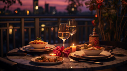 Private dinner for couple in love on roof of high-rise building on balcony by candlelight with drinks at sunset. Cozy dinner arranged as surprise for bride and groom from restaurant