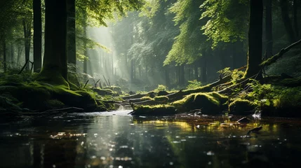 Rolgordijnen dreamlike and defocused background of green trees in a forest, with sunbeams highlighting the wild grass, conveying the essence of a serene natural landscape Emphasize the gentle and soothing © 1st footage