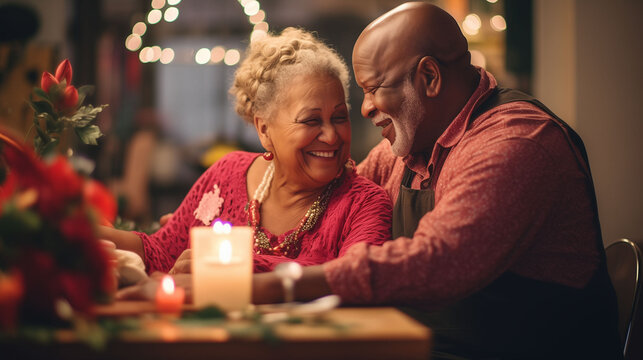 Interethnic couple in love celebrates Christmas in privacy of restaurant decorated with candles and garlands. Black man smiles happily as hugging wife wishing Merry Christmas at dinner